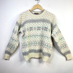 Eddie Bauer Cream Patterned Crew Neck Sweater